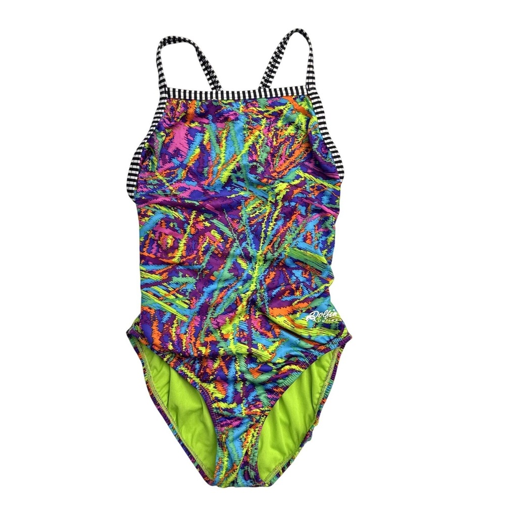 VTG Dolfin Uglies Woman XS/S One Piece Swimwear Groovy Neon Multicolor Cutoutโ